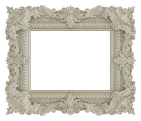 Isolated ornate off-white wooden picture frame. 3D rendering