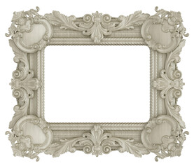 Isolated baroque off-white wooden picture frame. 3D rendering
