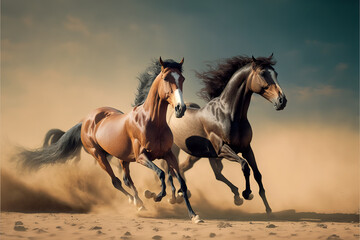 Two Gallop of Arabian Horses in Dust at Sahara Desert , generative ai      