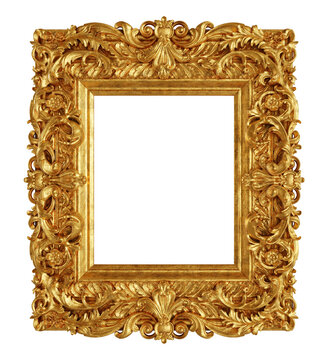 Isolated antique golden frame with baroque ornamentation. 3D rendering