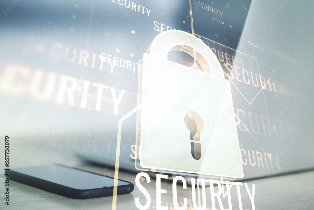 Poster creative light lock illustration with microcircuit on modern computer background, cyber security con