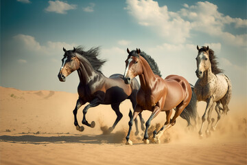 Three Gallop of Arabian Horses in Dust at Sahara Desert , generative ai     