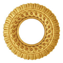 Ornate circular golden frame isolated. 3D rendering