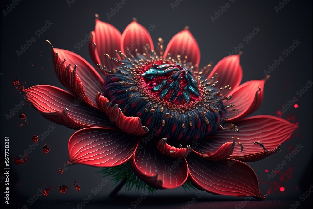 Poster a red flower with a blue center on a black background with drops of water on it and a red center on 