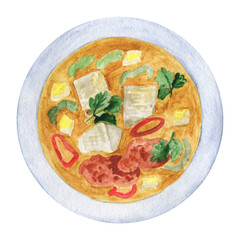 Korean soup. Hot food with soy paste. East Asian cuisine. Menu design.