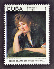 Cancelled postage stamp printed by Cuba, that shows painting Jean-Baptiste Greuze,  "Portrait of Young Woman", circa 1982.