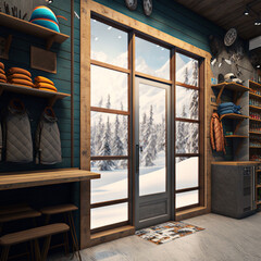 View From A Store or Shop, During A Snowy Winter Scene, Winter Coats, And Snow Covered Trees, Made With Generative AI.