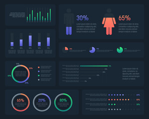 Darkmode Infographics with statistics and colorful elements. Thin line vector illustration. Data graphs for flow charts, presentations and UI