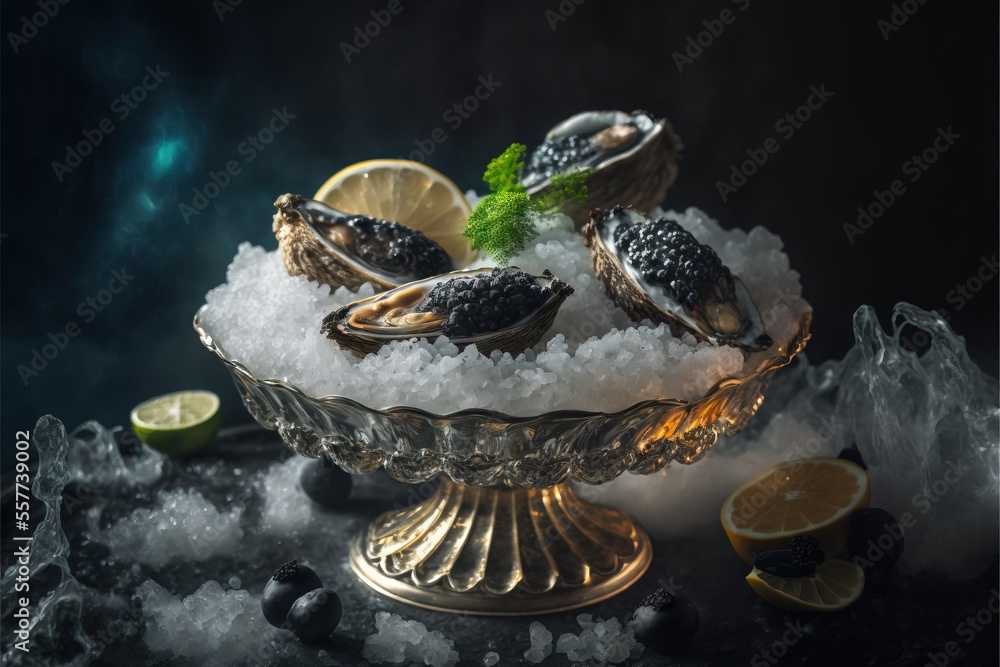 Poster a bowl of sea shells and lemons on a table with ice and water bubbles and smoke around it., generati