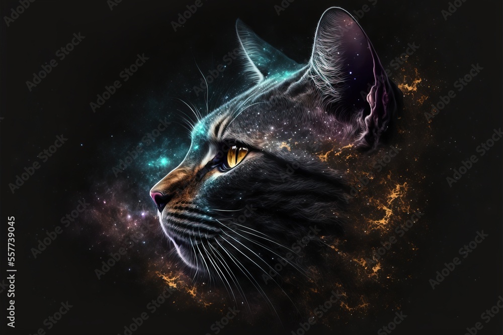 Poster a cat with a space background and stars in the background is looking at something in the distance wi