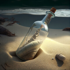 Glass bottle in sand on a beach, generative ai