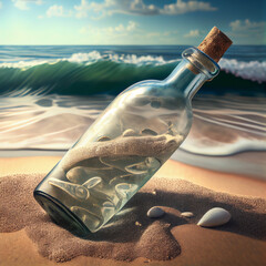 Glass bottle in sand on a beach, generative ai
