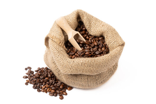 Coffee beans in burlap bag isolated on white background. Place for copy space. Place for text. MOCAP © Avocado_studio