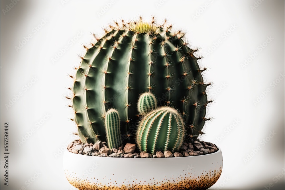 Poster a cactus in a white pot with rocks around it and a white background behind it., generative ai