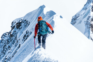 Mountain climber on a steep narrow snow ridge, extreme alpinist mountaineer, Monch, Bernese Alps,...