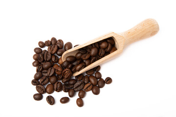 Coffee beans in a wooden spoon isolated on white background. Place for copy space. Place for text. MOCAP