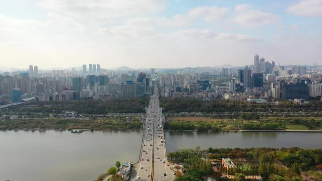 [korea drone footage] Han river landscape, Korea, Seoul, Yanghwa Bridge