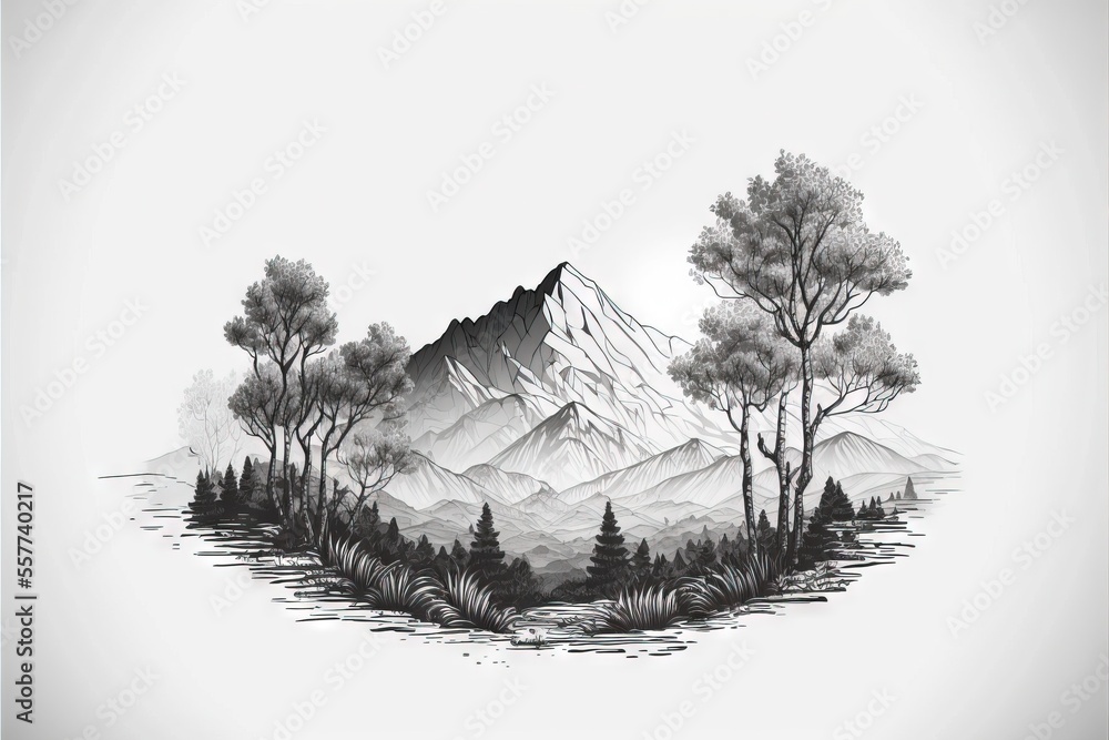 Poster a drawing of a mountain with trees and mountains in the background., generative ai