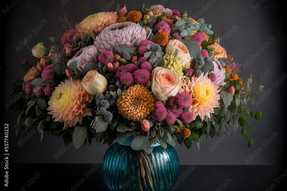 Poster a vase filled with lots of different colored flowers on a table top with a dark background behind it