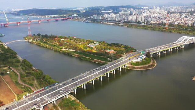 [korea drone footage] Han river landscape, Korea, Seoul, Yanghwa Bridge