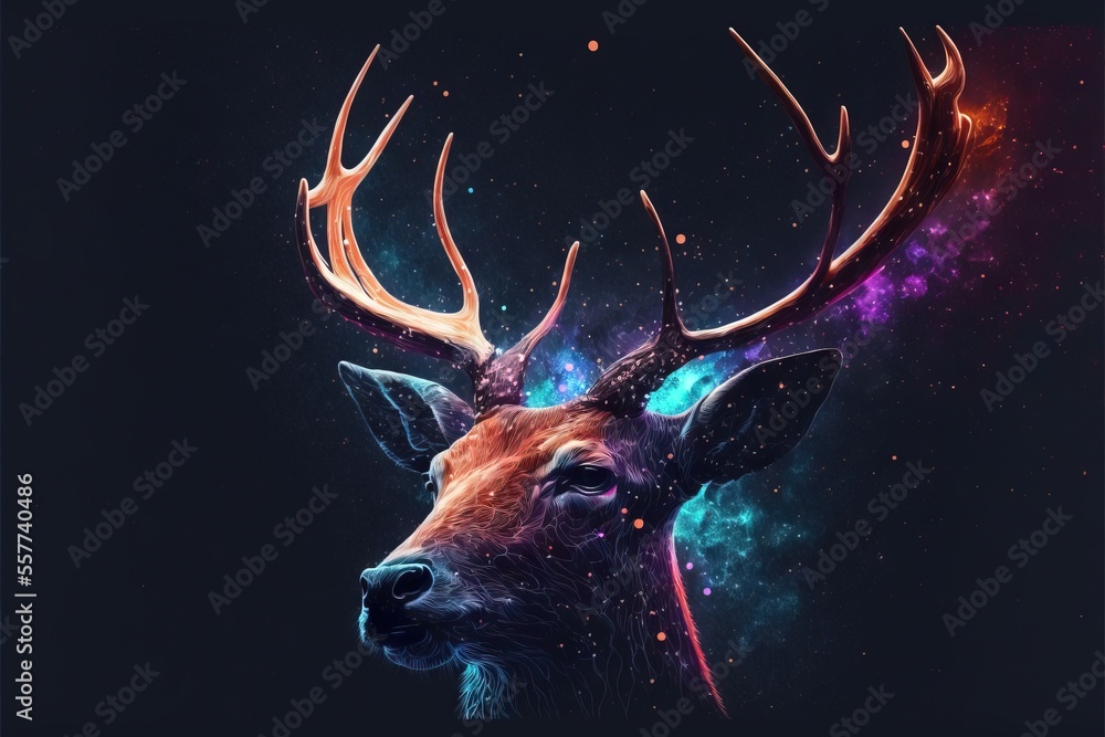 Poster a deer with a colorful background and a space background with stars and a deer's head is shown., gen