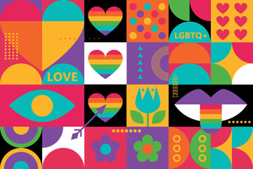 Rainbow background with hearts. LGBT+ Pride design. Rainbow community pride month. Love, freedom, support, peace. Poster with LGBT rainbow flag, heart and love. Colorful social media post template - obrazy, fototapety, plakaty