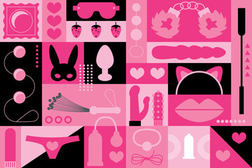 Sex toys shop items and icons. Adult store background with BDSM roleplay icon set. Vector sex toys collection. Sex shop, online sex store, adult erotic products concept. Header or footer banner - obrazy, fototapety, plakaty