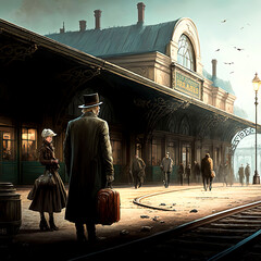 a group of people stand outside a train