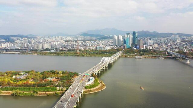 [korea drone footage] Han river landscape, Korea, Seoul, Yanghwa Bridge
