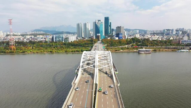 [korea drone footage] Han river landscape, Korea, Seoul, Yanghwa Bridge