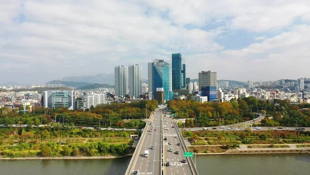 [korea drone footage] Han river landscape, Korea, Seoul, Yanghwa Bridge