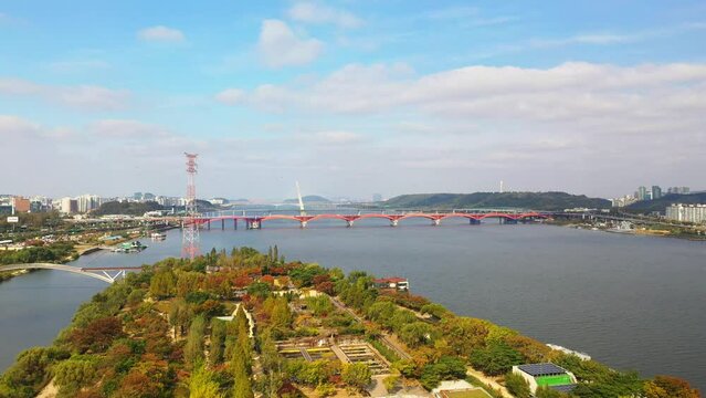 [korea drone footage] Han river landscape, Korea, Seoul, Seongsan Bridge
