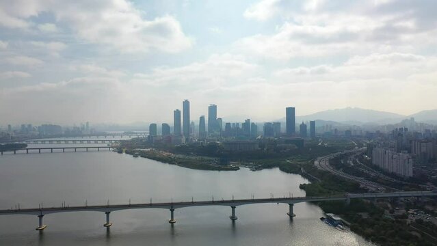 [korea drone footage] Han river landscape, Korea, Seoul, Yanghwa Bridge