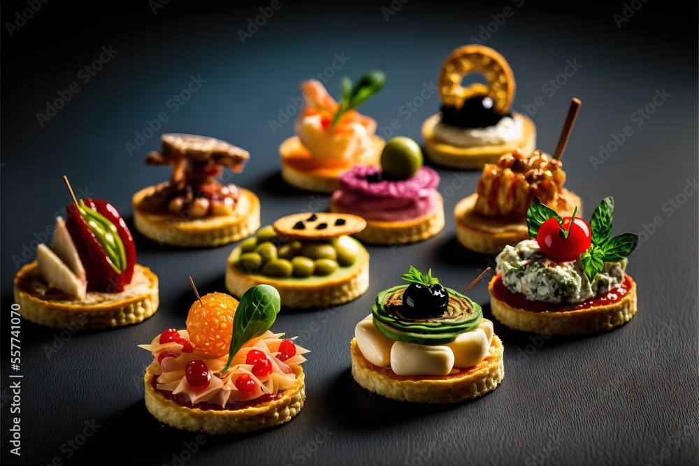 Aufkleber a group of miniature food items on a table top with a black background and a black background with a