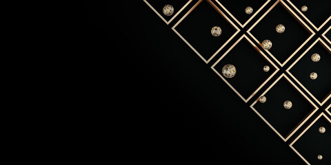 Golden frame and golden ball on a black background Empty golden frame and background simple minimalist style interior backdrop Space for text 3D illustration