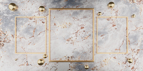 golden square frame on the marble wall Empty golden frame and background simple minimalist style interior backdrop Space for text. 3D illustration