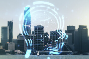 Abstract virtual artificial Intelligence interface with human head hologram on San Francisco skyline background. Multiexposure