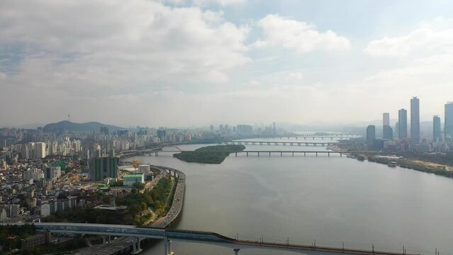 [korea drone footage] Han river landscape, Korea, Seoul, Yanghwa Bridge