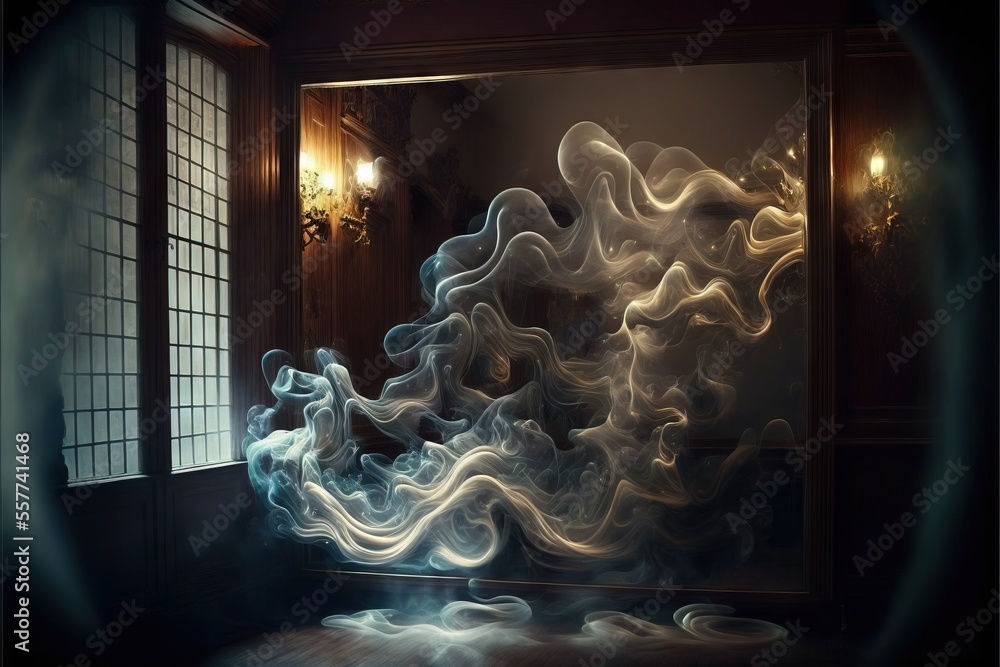 Poster a room with a mirror and a smokestack in the middle of it., generative ai