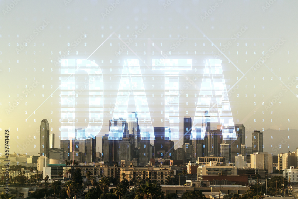 Aufkleber data word hologram on los angeles office buildings background, big data and blockchain concept. mult