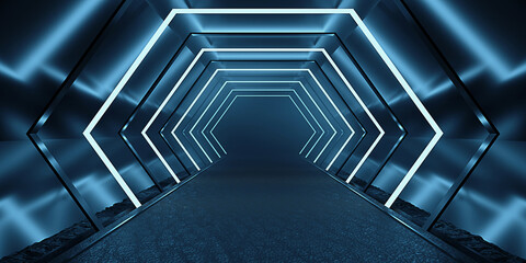 Obraz premium Sci Fy Neon Glow Dark Corridor spaceship corridor tunnel futuristic technology Empty tunnel room with glowing neon colors background 3D illustration