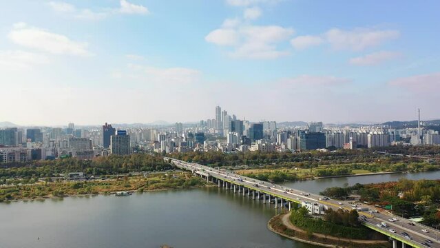 [korea drone footage] Han river landscape, Korea, Seoul, Yanghwa Bridge