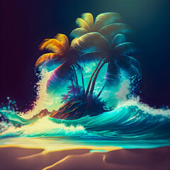 Hawaii palm tree and ocean waves illustartion