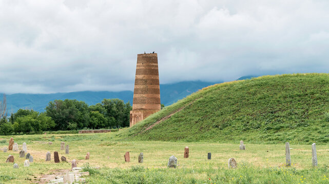 Old Burana tower located on famous Silk road, Kyrgyzstan, is an 11th century minaret located in the Chuy Valley. It is a popular tourist attraction in the region.