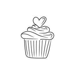 Cupcake with creamand heart decoration on the top. Hand drawn vector sketch illustration in simple doodle engraved vintage style. Love, romance, bakery, confectionary, date, tasty, delicious dessert.