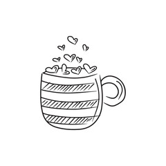 Striped cozy mug in black with steam hearts in black isolated on white background. Hand drawn vector sketch illustration in doodle simple outline vintage engraved style. Love, romantic, gift.