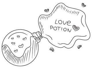 Round magic opened bottle flask with spilled love potion and hearts.Hand drawn vector sketch illustration in doodle line vintage engraved style. Romantic love elixir, mystery water, magical.
