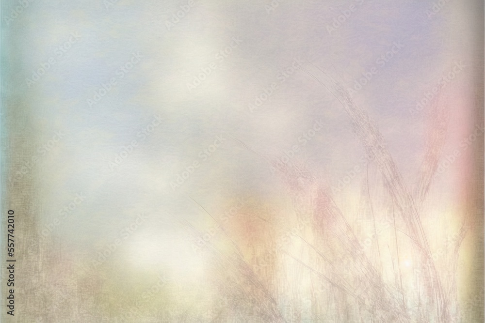 Poster a painting of a field with grass and sky in the background with a faded background and a faded borde