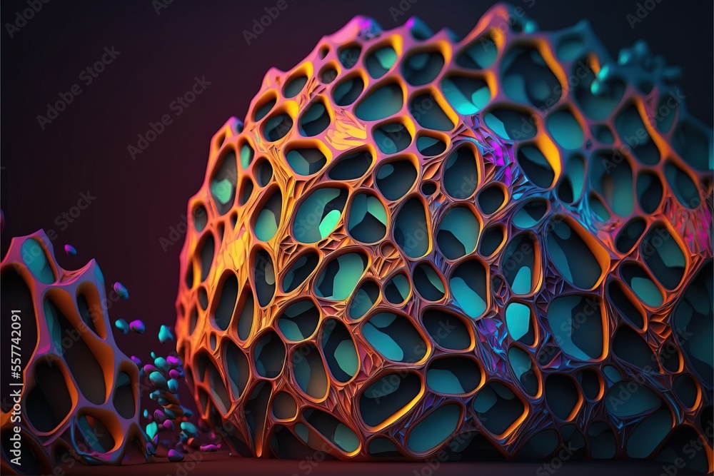 Poster a colorful object with a lot of holes in it's center and a black background with a purple background