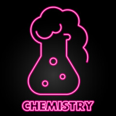 chemistry flask neon sign, modern glowing banner design, colorful modern design trends on black background. Vector illustration.
